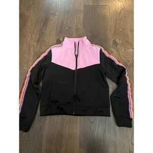 Ideology Kids Girls Track Jacket Rainbow Stripe‎ Pink Black Full Zip  Size Large